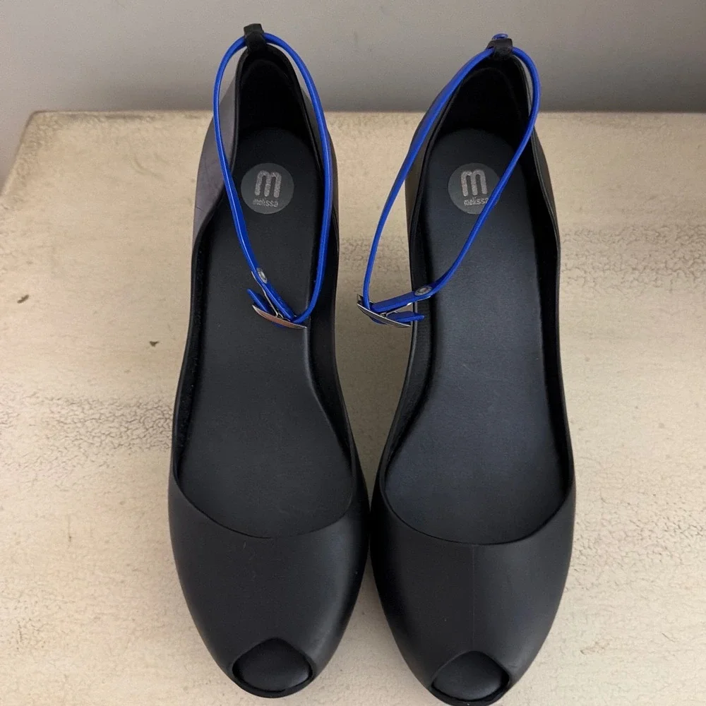 Melissa Patchuli Wedge Heels Black Blue Peep Toe Ankle Strap Jelly Shoes Size 10
